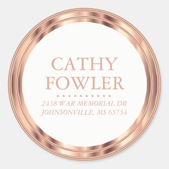 Classy Address Rose Gold and White Classic Round Sticker (Front)
