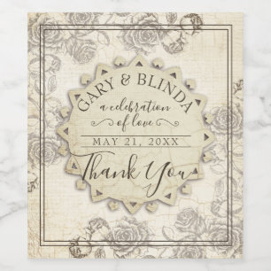 Classy aged paper roses wedding favour wine bottle wine label