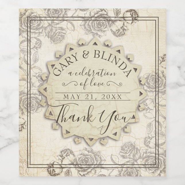 Classy aged paper roses wedding favour wine bottle wine label (Single Label)