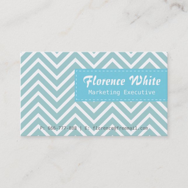 Classy and Elegant, blue and white chevron pattern Business Card (Front)