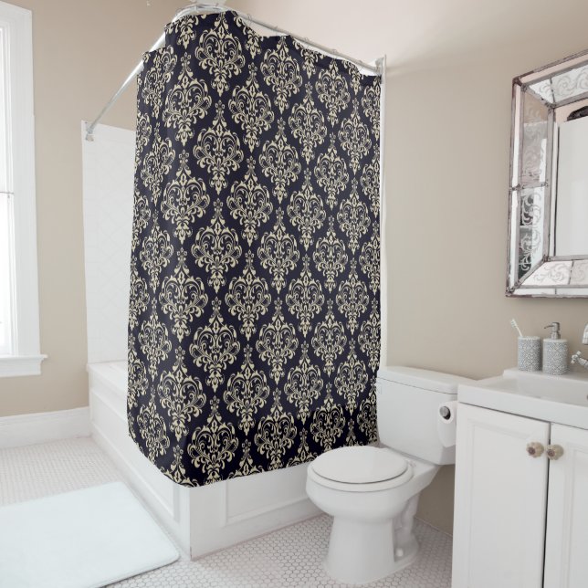 Classy and Elegant Damask Pattern Midnight Blue Shower Curtain (In Situ)