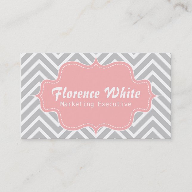 Classy and Elegant, grey and white chevron pattern Business Card (Front)
