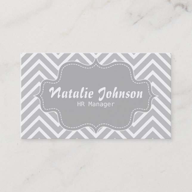 Classy and Elegant, grey and white chevron pattern Business Card (Front)