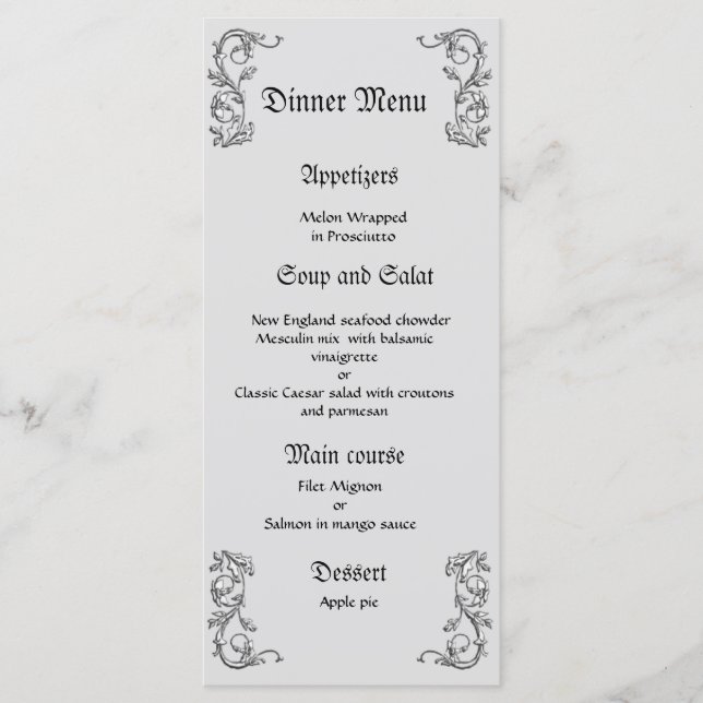 Classy and elegant grey white wedding dinner menu (Front)