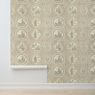 Classy Antique Medallion Beige Brown Toile  Wallpaper