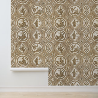 Classy Antique Medallion Beige Brown Toile  Wallpaper