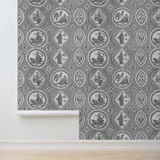 Classy Antique Medallion Grey Toile  Wallpaper