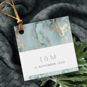 CLASSY AQUA DUSKY BLUE GOLD AGATE MONOGRAM WEDDING FAVOUR TAGS