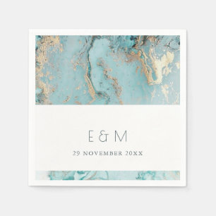 CLASSY AQUA DUSKY BLUE GOLD AGATE MONOGRAM WEDDING NAPKIN