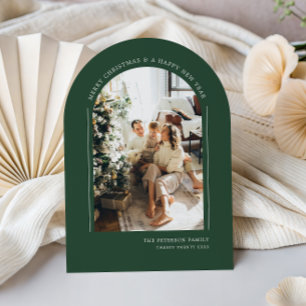 Classy Arched Green Modern Christmas Family Photo Holiday Card