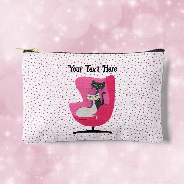 Classy Atomic Cats Diamond Collars Pink Polka Dots Accessory Pouch (Two mid century cats sitting in pink chair on white with pink polka dots make up bag.)