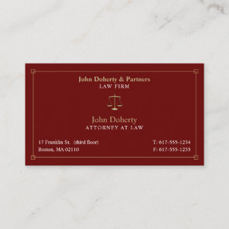 Classy Attorney at Law | Lawyer Dark Red Gold Business Card