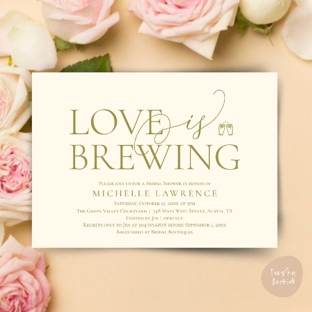 Classy Beer Party Bridal Shower, Love is brewing Invitation (Classy Beer Party Bridal Shower, Love is brewing modern romantic invites Card PDF in yellow gold)