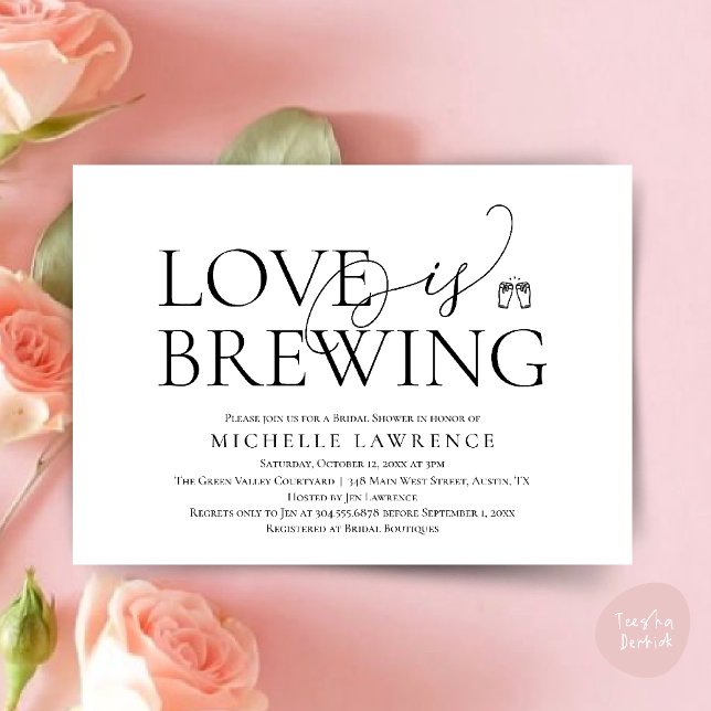 Classy Beer Party Bridal Shower, Love is brewing Invitation (Classy Beer Party Bridal Shower, Love is brewing modern romantic invites Card PDF in Black white)