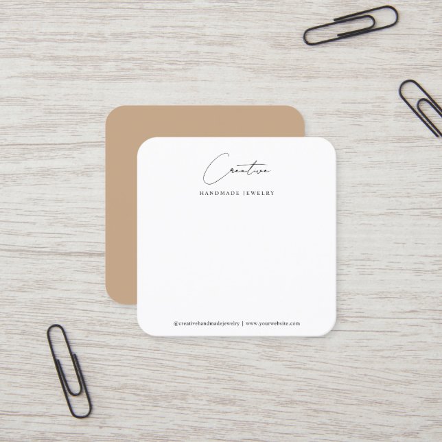 Classy Beige Handwritten Script Jewellery Display Square Business Card (Front/Back In Situ)