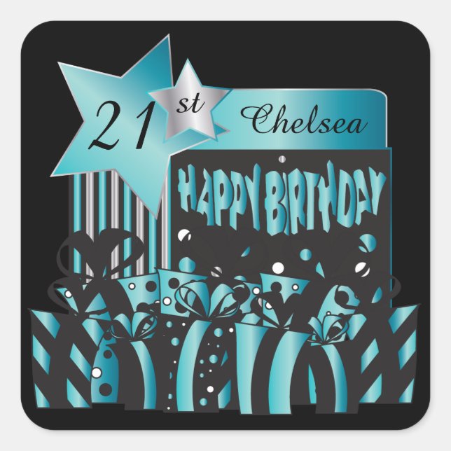 Classy Birthday | DIY Name & Age | Turquoise Square Sticker (Front)