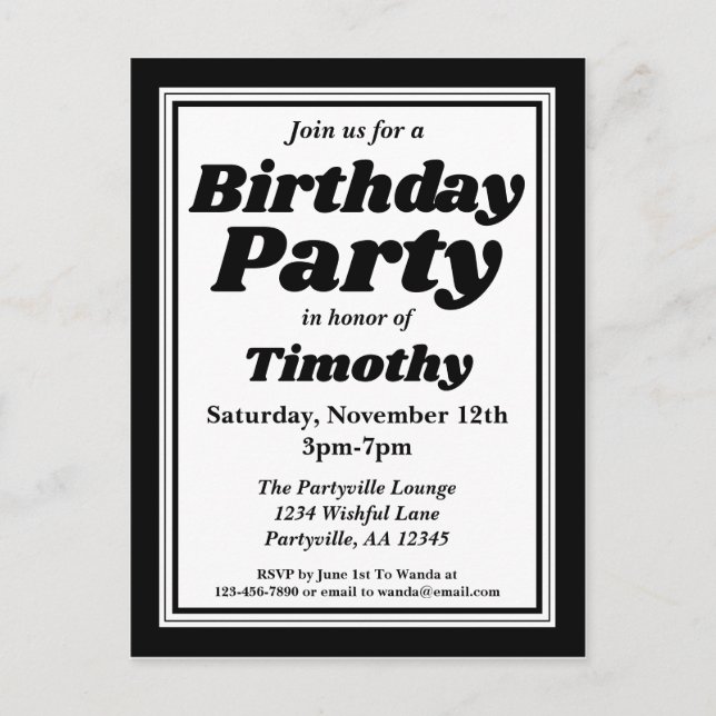 Classy Black Adult Birthday Party Invitation Postcard (Front)