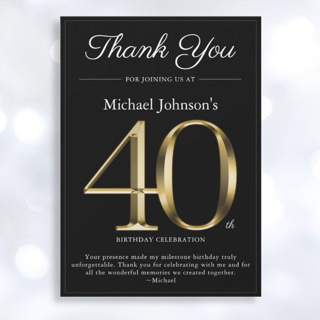 Classy Black and Gold 40th Birthday Thank You Card (Mockup View)