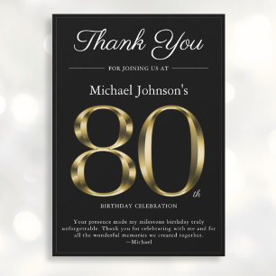 Classy Black and Gold 80th Birthday Thank You Card