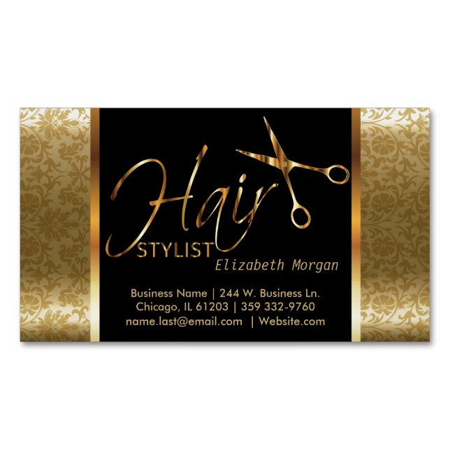 Classy Black and Gold Damask Hair Stylist Magnetic Business Card (Front)