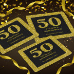 Classy Black And Gold Glitter 50th Birthday Party  Square Paper Coaster<br><div class="desc">Classy 50th Birthday party favours- 
Make your 50th Birthday or milestone adult birthday party unforgettable with our classy,  elegant black and gold glitter party favours. Styled with gold glitter 50 typography on black for a glam touch,  these can coolers are perfect to add elegance to your birthday celebration.</div>