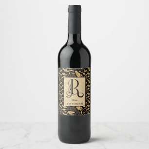 Classy Black and Gold Leaf Pattern Monogram R Wine Label