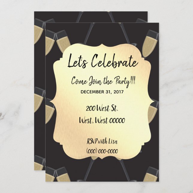 Classy Black and Gold New Year Celebration Invitation (Front/Back)
