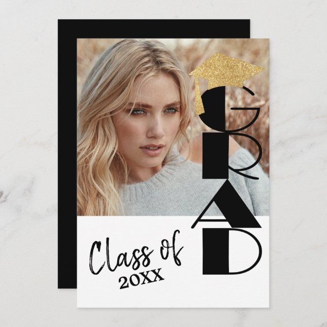 Classy Black and Gold Photo Graduation Invitation (Front/Back)