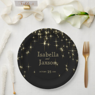 Classy Black and Gold Starlights Paper Plate