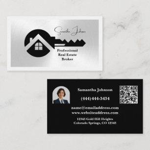 Classy Black and Silver QR Code Photo Real Estate Business Card