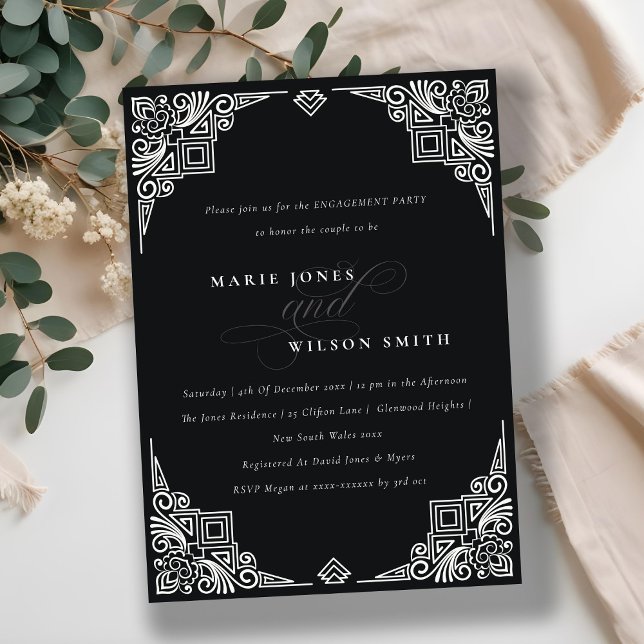 Classy Black and White Art Deco Ornate Engagement Invitation (Creator Uploaded)