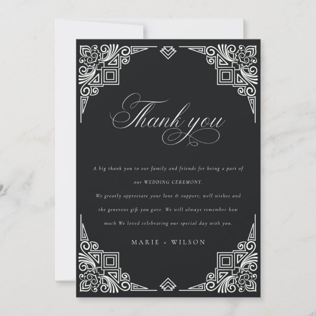 Classy Black and White Art Deco Ornate Wedding Thank You Card (Front)