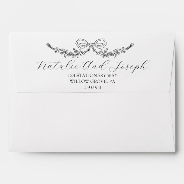 Classy Black And White Botanical Bow Wedding Envelope (Back (Top Flap))
