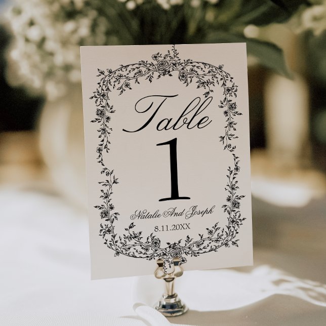 Classy Black And White Floral Wedding Table Number (Creator Uploaded)