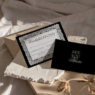 Classy Black And White Lace Old Money Wedding RSVP Card