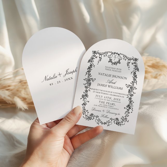 Classy Black And White Monogram Arched Wedding Invitation (Creator Uploaded)