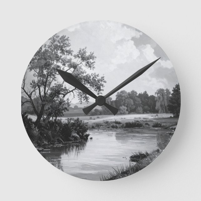 Classy black and white river with tree round clock (Front)
