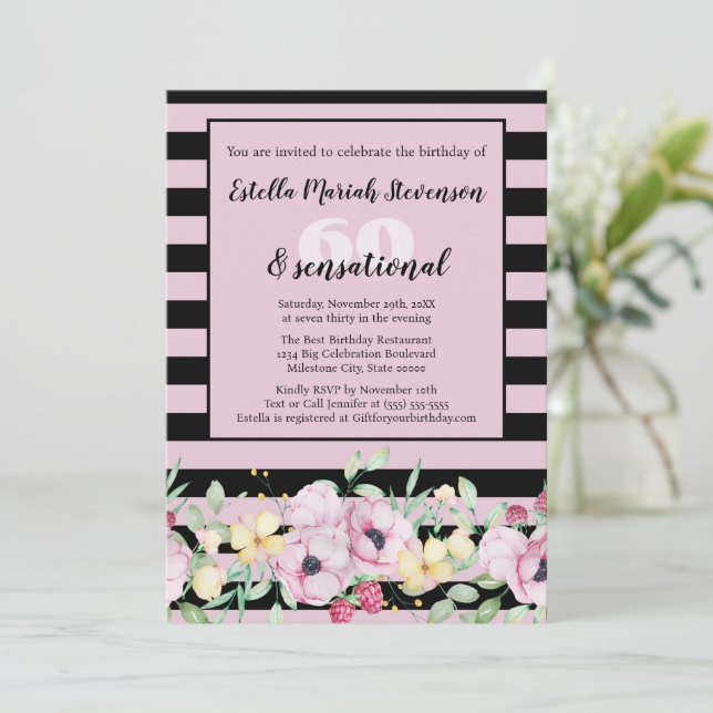 Classy Black Blush Pink Striped Floral Birthday Invitation (Standing Front)