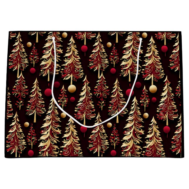 Classy Black, Burgundy and Gold Christmas Trees Large Gift Bag (Front)