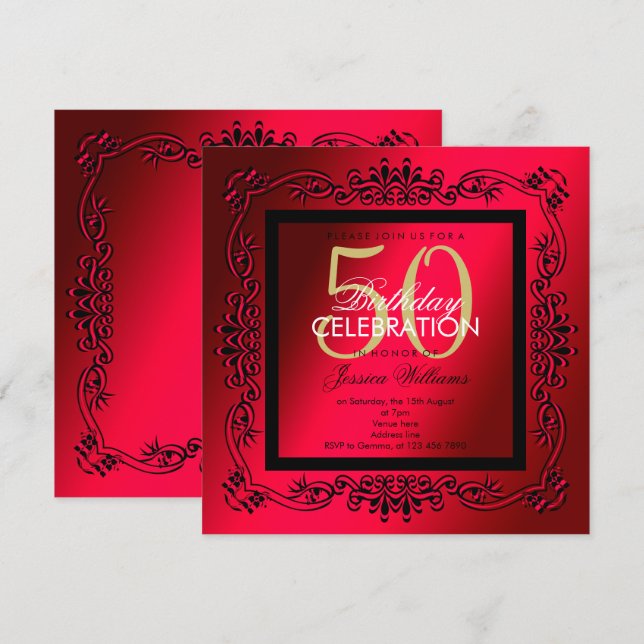 Classy Black & Cerise Women's 50th Birthday Invitation (Front/Back)