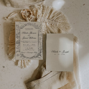 Classy Black Cream Floral Boho Botanical Wedding Invitation