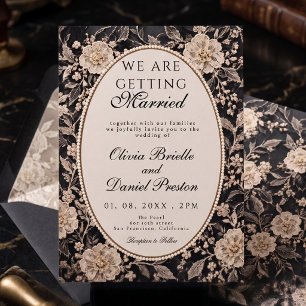 Classy Black Cream Floral Lace Pearl Wedding Invitation