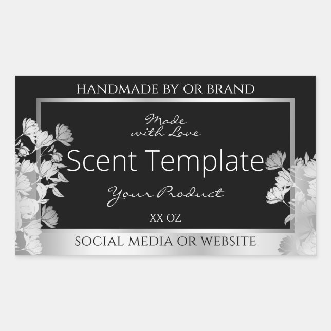 Classy Black Floral Product Packaging Label Silver (Front)