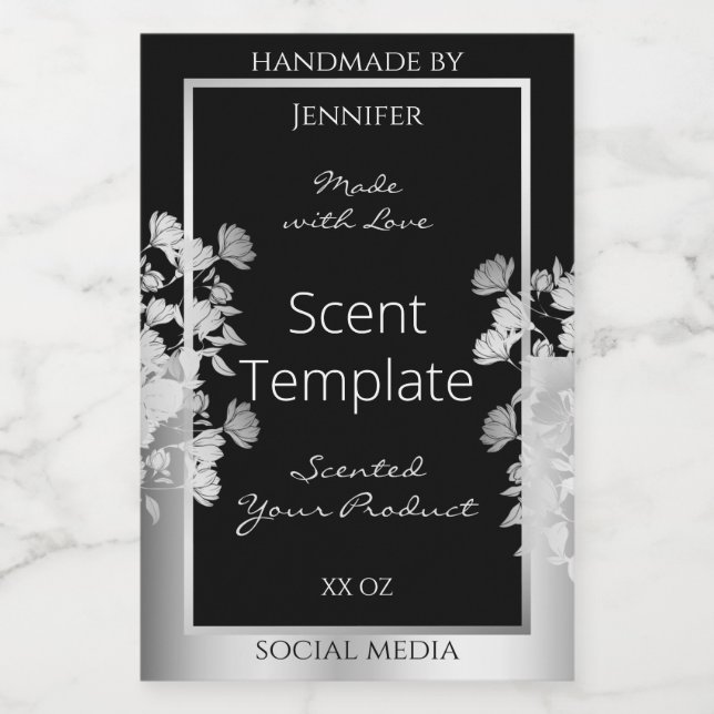Classy Black Floral Product Packaging Label Silver (Single Label)