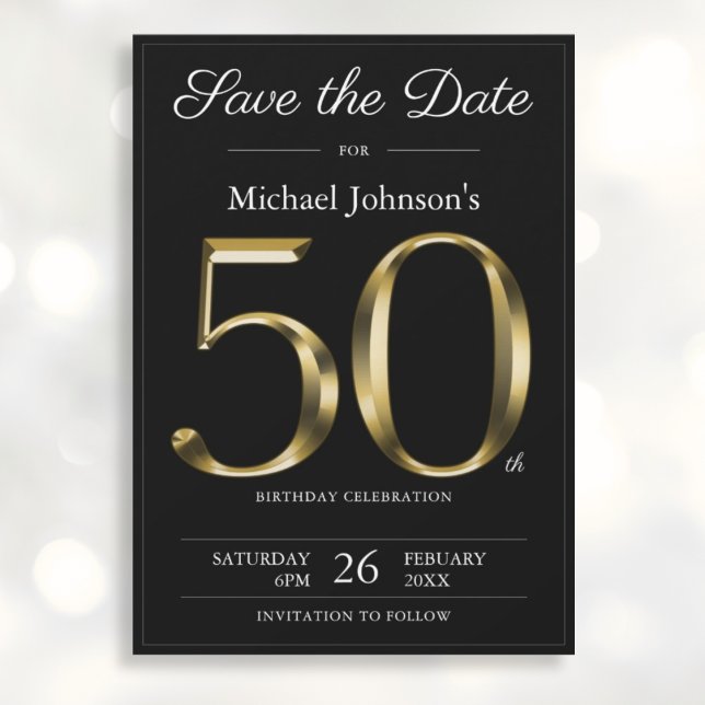 Classy Black Gold 50th Birthday Party Save The Date (Mockup View)