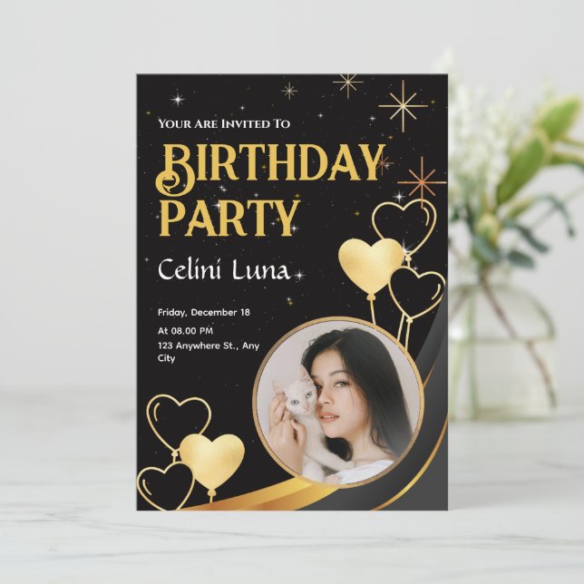 Classy Black & Gold Birthday Invitation Template (Standing Front)