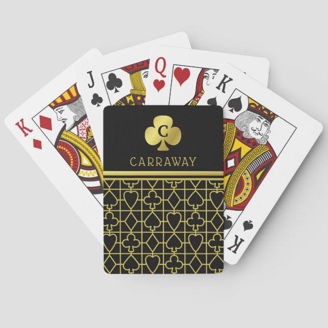 Classy Black Gold Card Suits Monogrammed Clover (Back)
