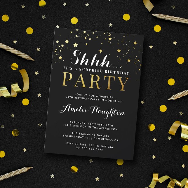 Classy Black Gold Confetti Shhh... Surprise Party Invitation (Creator Uploaded)