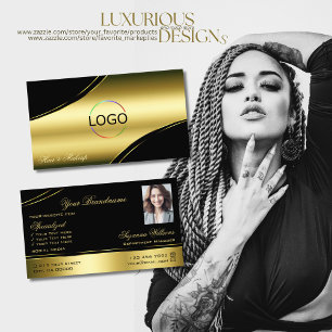Classy Black Gold Curved Decor Lines Logo Photo Business Card