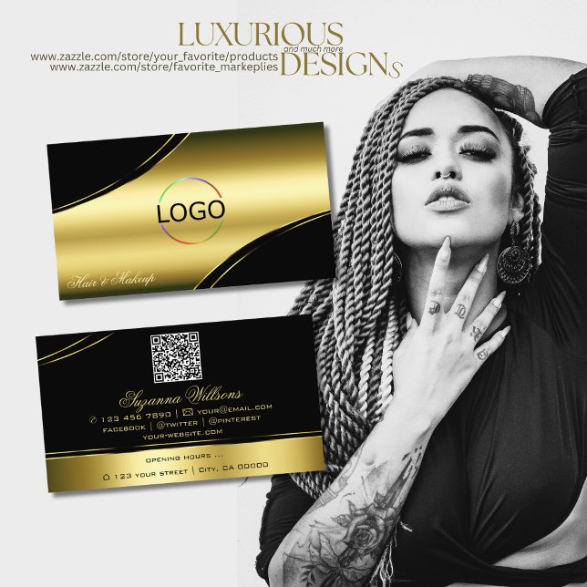 Classy Black Gold Curved Decor Lines Logo QR Code Business Card (Creator Uploaded)